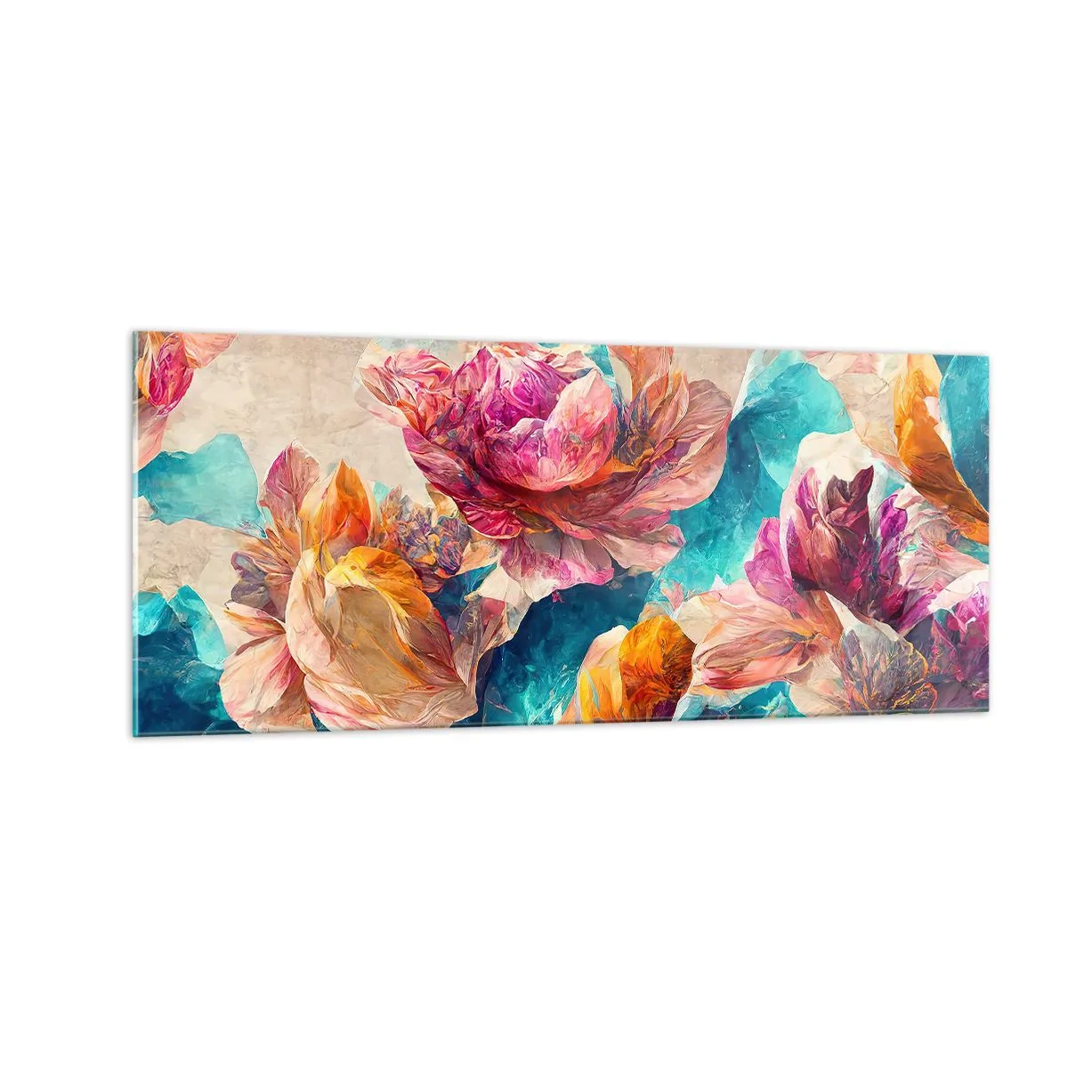 Tablou pe sticlă - Splendoarea colorată a buchetului de flori - 100x40 cm