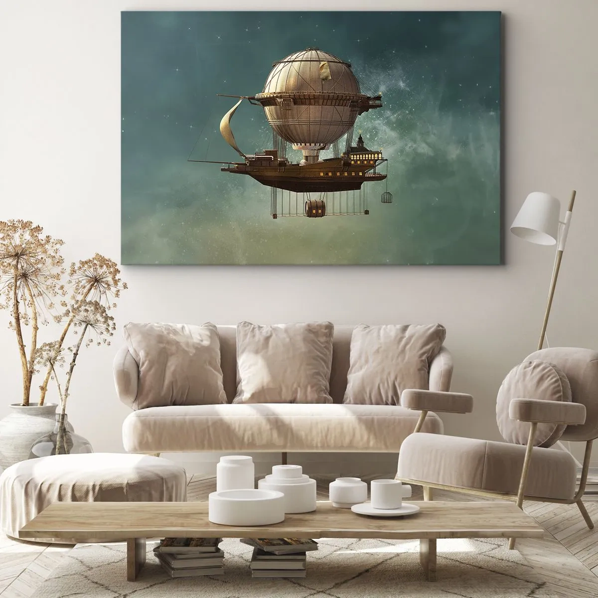 Tablou pe pânză Canvas - Un dirijabil fantastic pe fundalul cerului verzui - 70x50cm - Jules Verne vă transmite salutări - Decorațiune modernă pentru perete pentru living și dormitor ARTTOR