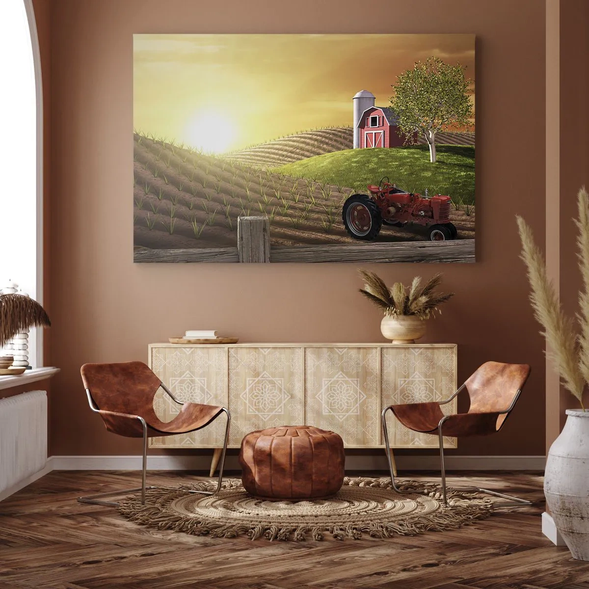 Tablou pe pânză Canvas - Peisaj rural cu un hambar roșu, tractor și răsărit de soare - 70x50cm - O fermă ca un basm - Decorațiune modernă pentru perete pentru living și dormitor ARTTOR