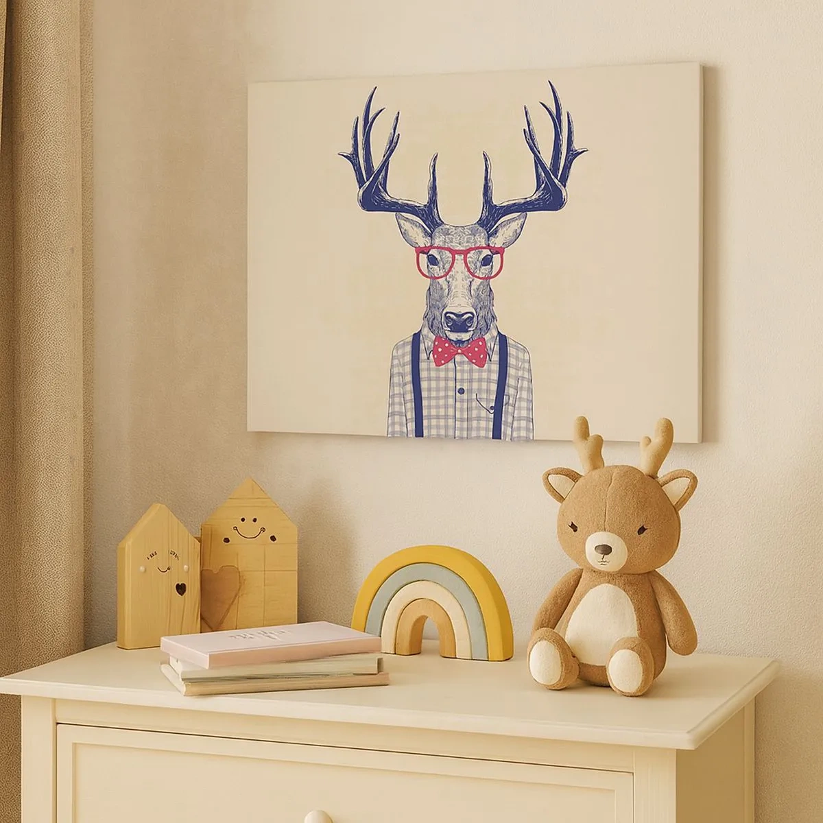 Tablou pe pânză Canvas - Grafică stilizată a unei căprioare purtând ochelari și un papion - 70x50cm - O extravaganță jucăușă - Decorațiune modernă pentru perete pentru living și dormitor ARTTOR