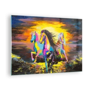 Tablou pe sticlă - Cai colorați galopând pe fundalul apusului - 70x50cm - Scufundați în lumină - Decorațiune modernă pentru perete pentru living și dormitor ARTTOR