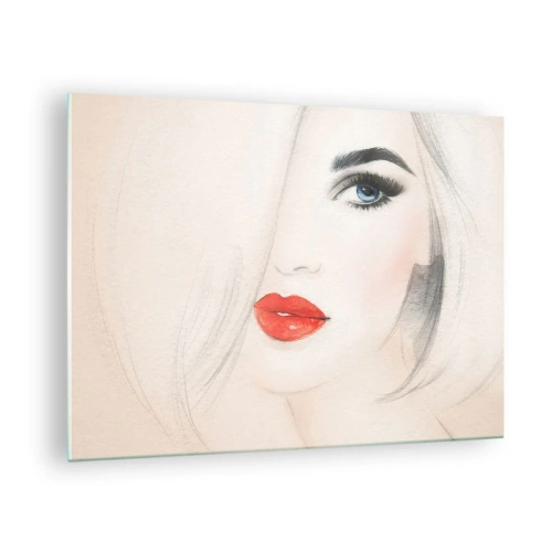 Tablou pe sticlă - Portretul unei femei cu părul deschis la culoare, buze roșii și ochi albaștri - 70x50cm - Hipnotizează și intoxică - Decorațiune modernă pentru perete pentru living și dormitor ARTTOR