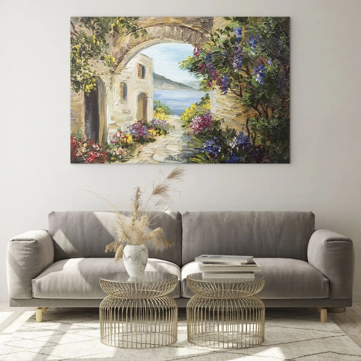 Tablou pe sticlă - O stradă pitorească cu vedere la lac - 70x50cm - Farmecul peisajului de coastă - Decorațiune modernă pentru perete pentru living și dormitor ARTTOR