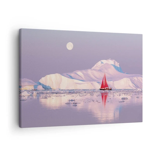 Tablou pe pânză Canvas - O velă roșie pe fundalul munților înghețați și al lunii pline. - 70x50cm - Căldura pânzei, frigul gheții - Decorațiune modernă pentru perete pentru living și dormitor ARTTOR