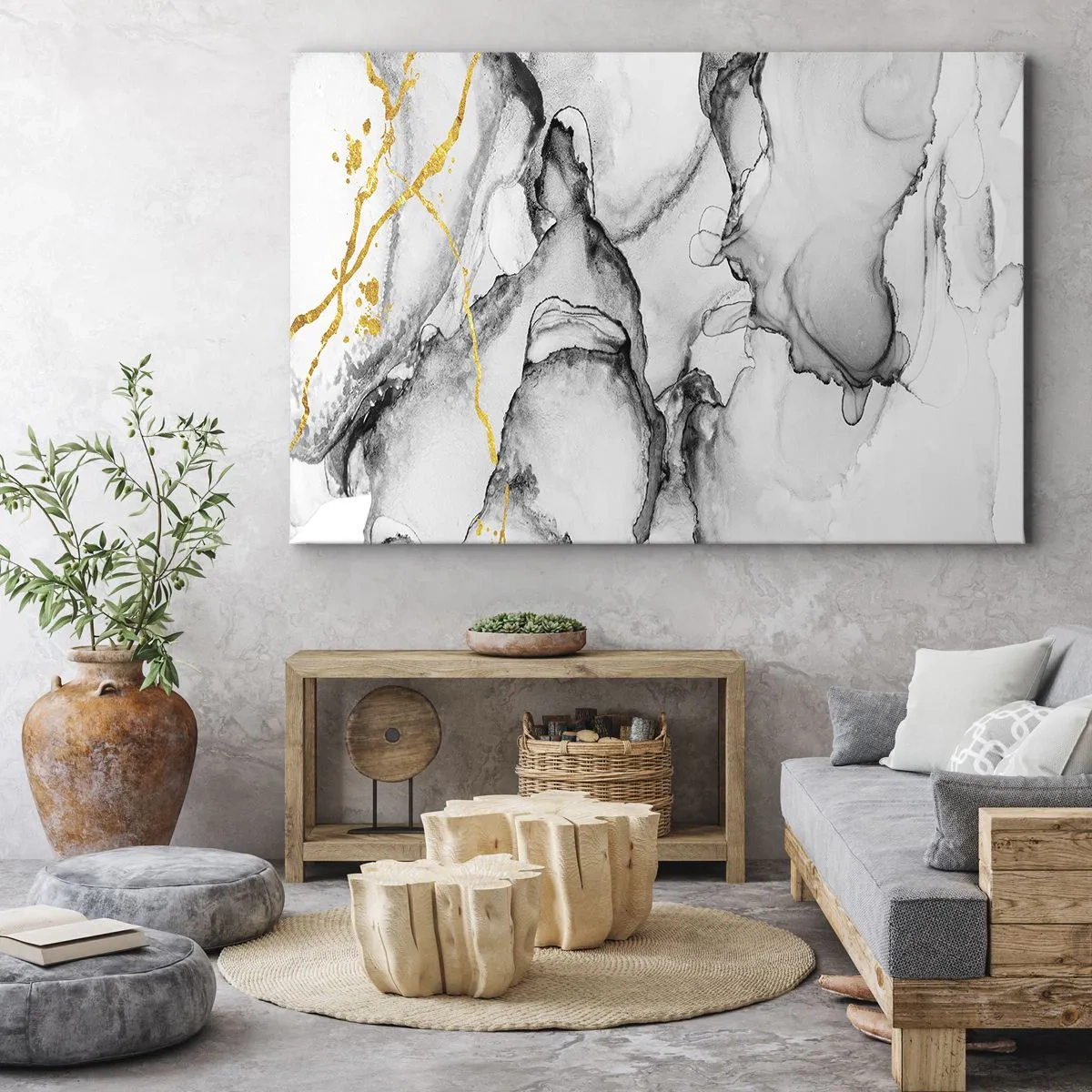 Tablou pe pânză Canvas - Modele abstracte alb-negru cu accente aurii - 70x50cm - Compoziție cu motiv auriu - Decorațiune modernă pentru perete pentru living și dormitor ARTTOR