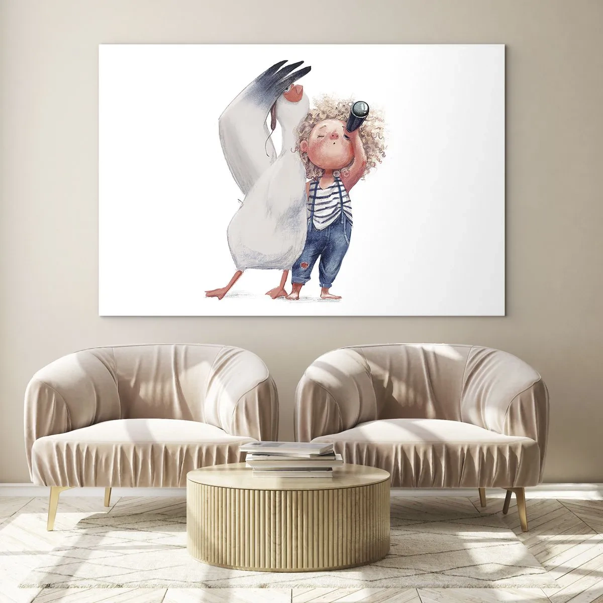 Tablou pe sticlă - Bebeluș cu binoclu și barză într-un stil ilustrativ amuzant - 70x50cm - Un plan pentru o călătorie minunată - Decorațiune modernă pentru perete pentru living și dormitor ARTTOR