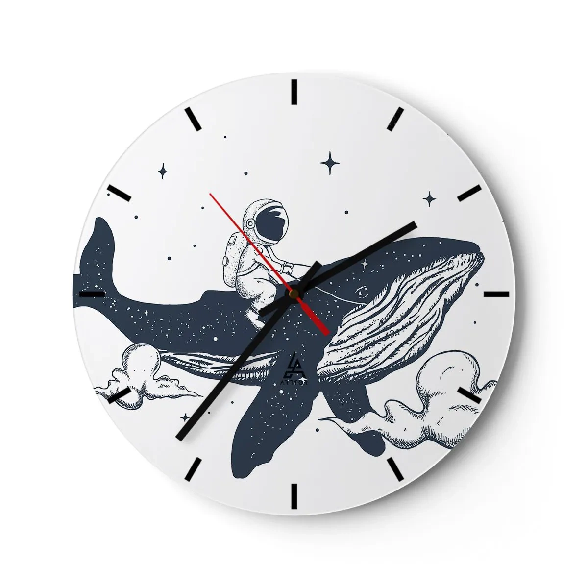 Ceas de perete - Ceas pe sticlă - Astronautul călare pe o balenă în spațiu - 30x30cm - Aventura spațială - Decorațiune modernă pentru perete pentru living, bucătărie și dormitor ARTTOR