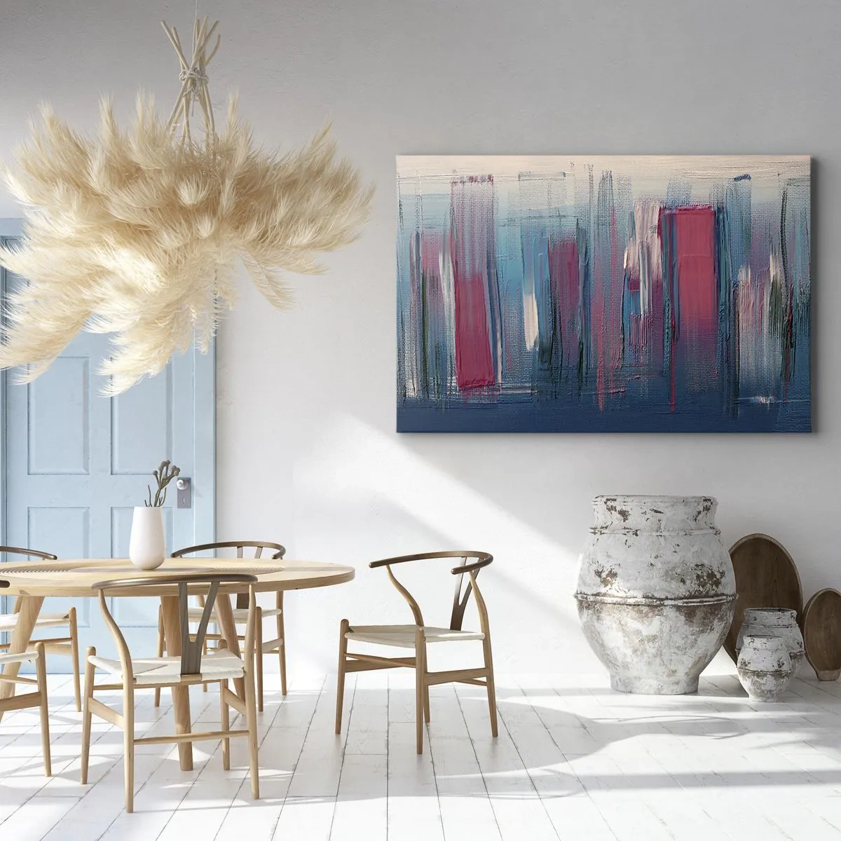 Tablou pe pânză Canvas - Forme verticale abstracte în nuanțe de albastru și roșu - 70x50cm - Compoziție verticală în albastru și roșu - Decorațiune modernă pentru perete pentru living și dormitor ARTTOR