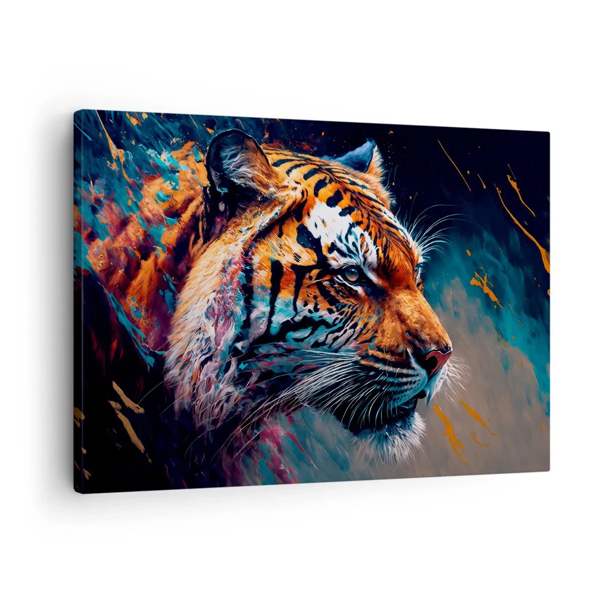 Tablou pe pânză Canvas - Portretul unui tigru în culori dinamice, abstracte - 70x50cm - Frumusețe sălbatică - Decorațiune modernă pentru perete pentru living și dormitor ARTTOR