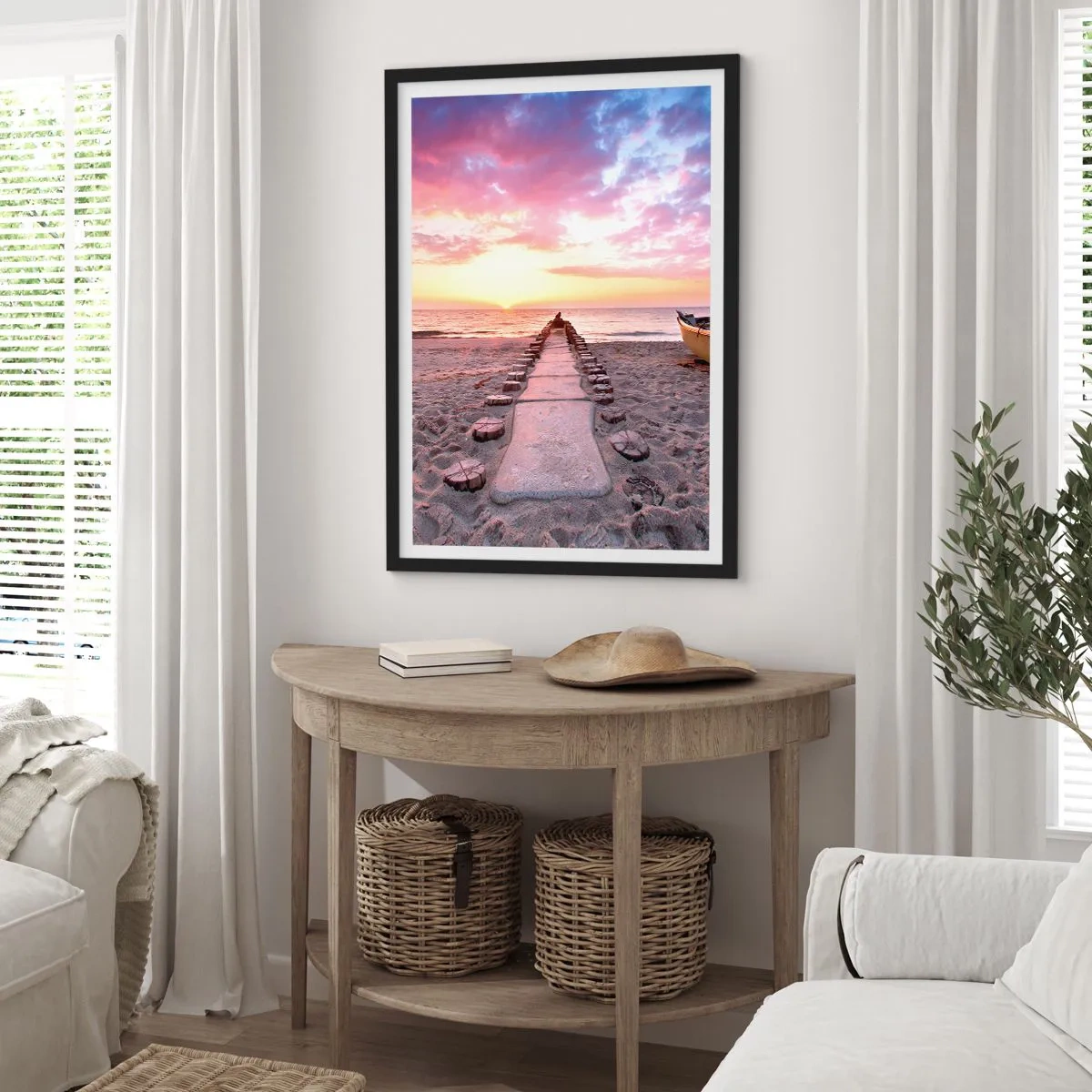 Poster în ramă neagră - Cale de plajă la apus - 50x70cm - Un moment de experiență profundă - Decorațiune modernă pentru perete pentru living și dormitor ARTTOR
