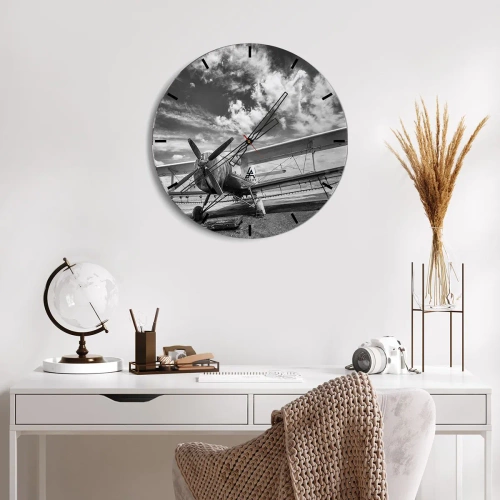 Ceas de perete - Ceas pe sticlă - O fotografie alb-negru a unui avion cu nori în fundal. - 30x30cm - Abia aștept! - Decorațiune modernă pentru perete pentru living, bucătărie și dormitor ARTTOR