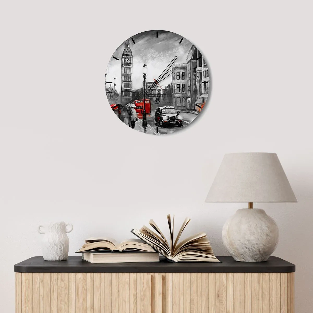 Ceas de perete - Ceas pe sticlă - Big Ben și o stradă din Londra cu un autobuz și un taxi roșu - 30x30cm - Nu este deloc un oraș gri - Decorațiune modernă pentru perete pentru living, bucătărie și dormitor ARTTOR