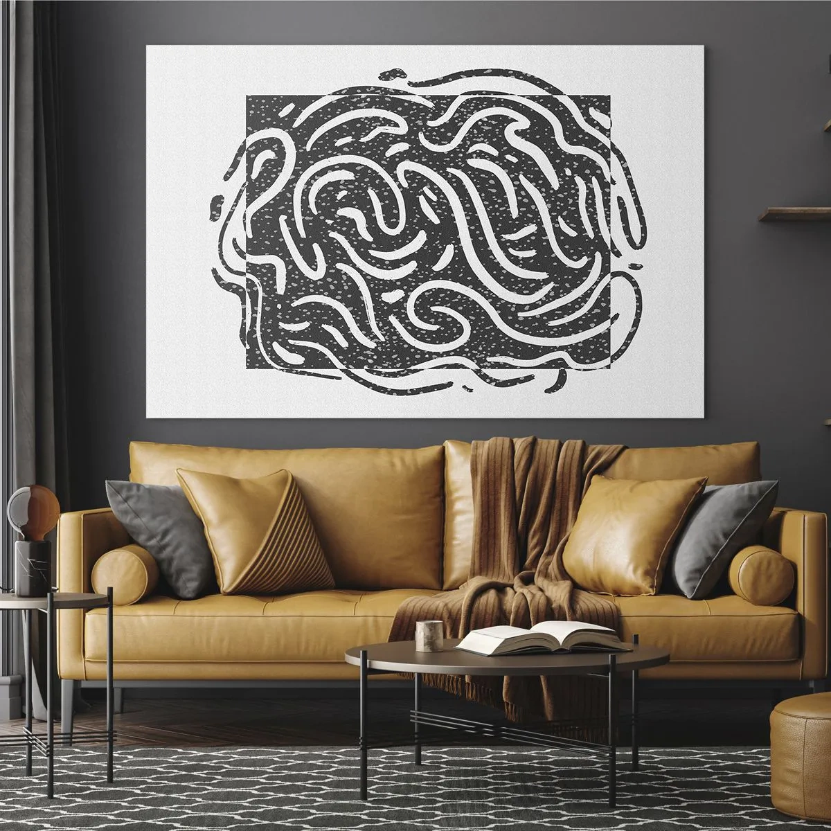 Tablou pe sticlă - Linii și puncte abstracte dinamice care creează o formă energică - 70x50cm - Abstracție: dansul bucuriei - Decorațiune modernă pentru perete pentru living și dormitor ARTTOR