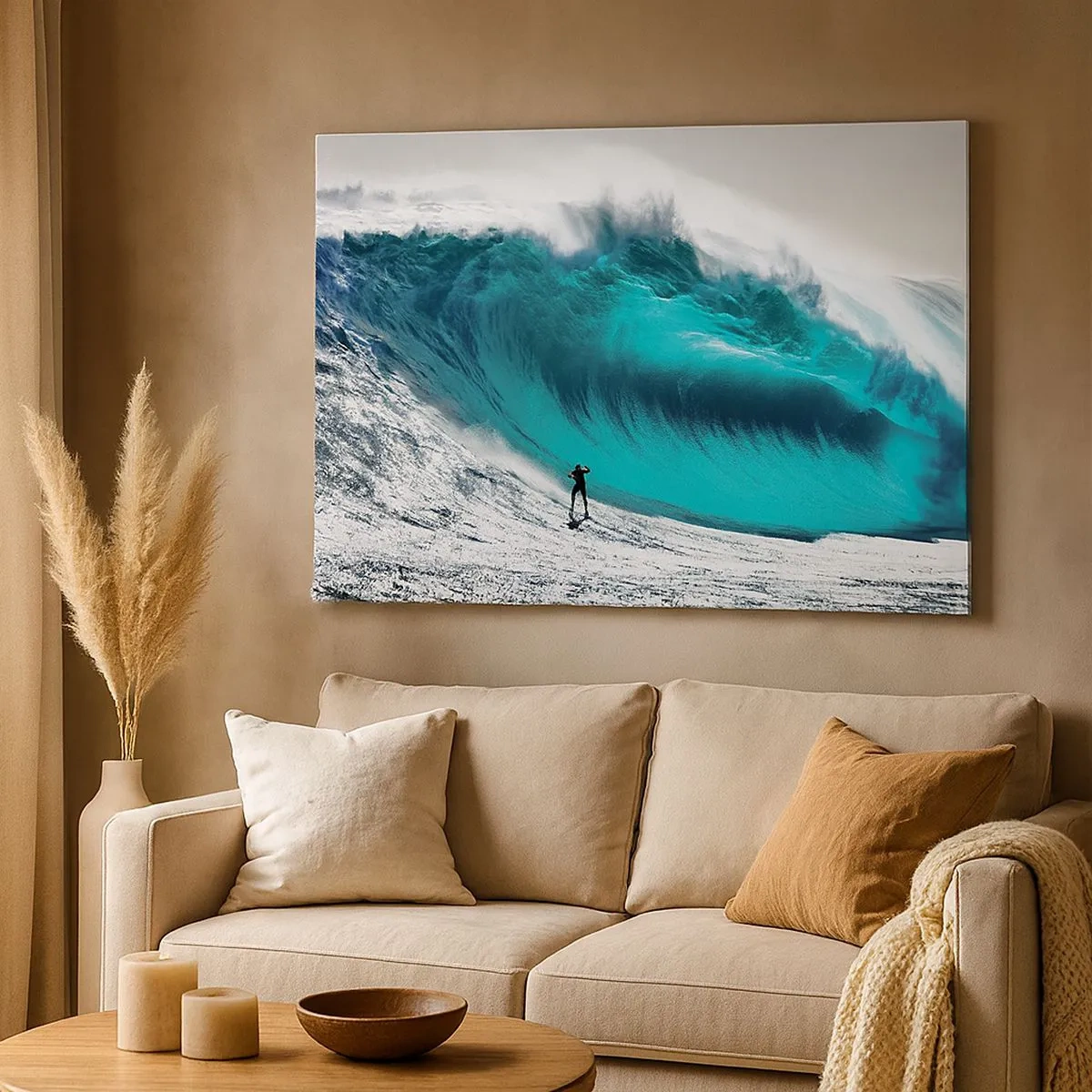 Tablou pe pânză Canvas - Surfer în fața unui val uriaș - 70x50cm - Provocare acceptată - Decorațiune modernă pentru perete pentru living și dormitor ARTTOR