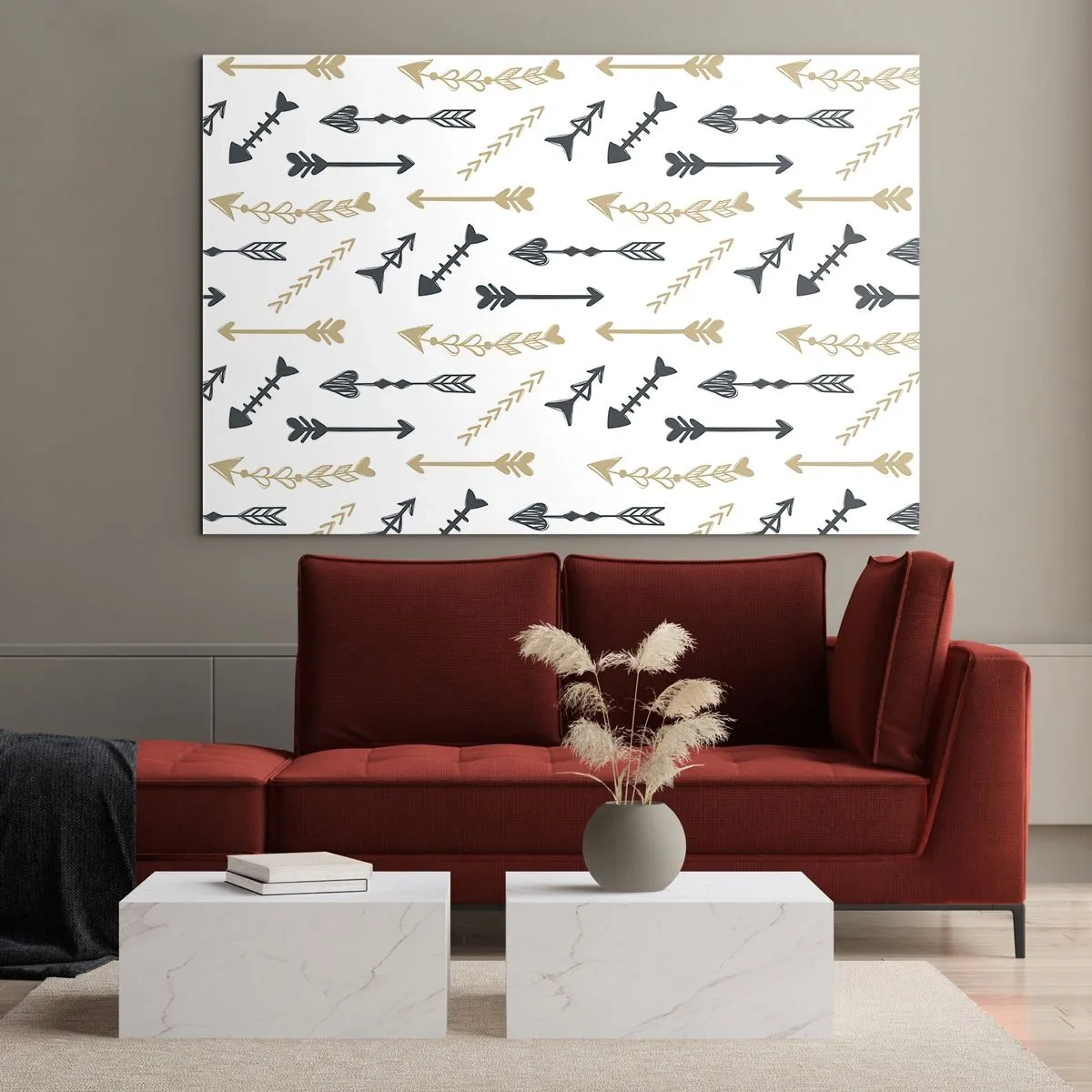 Tablou pe sticlă - Un model de săgeți în diferite culori pe un fundal alb - 70x50cm - Visul arcașului - Decorațiune modernă pentru perete pentru living și dormitor ARTTOR