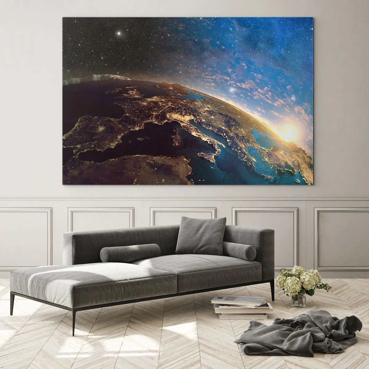 Tablou pe sticlă - O vedere a Pământului din spațiu cu răsăritul vizibil - 70x50cm - Să ne privim de la distanță - Decorațiune modernă pentru perete pentru living și dormitor ARTTOR