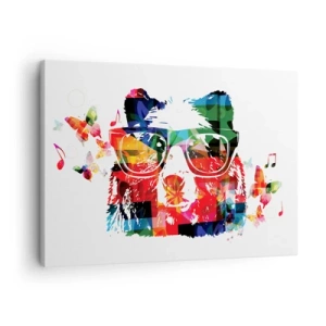Tablou pe pânză Canvas - Urs colorat cu ochelari cu fluturi și note muzicale - 70x50cm - Îmi place ursul! - Decorațiune modernă pentru perete pentru living și dormitor ARTTOR