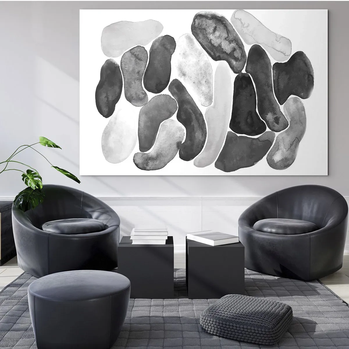 Tablou pe sticlă - O compoziție alb-negru de forme abstracte care seamănă cu pietre. - 70x50cm - Abstracție pietroasă - Decorațiune modernă pentru perete pentru living și dormitor ARTTOR