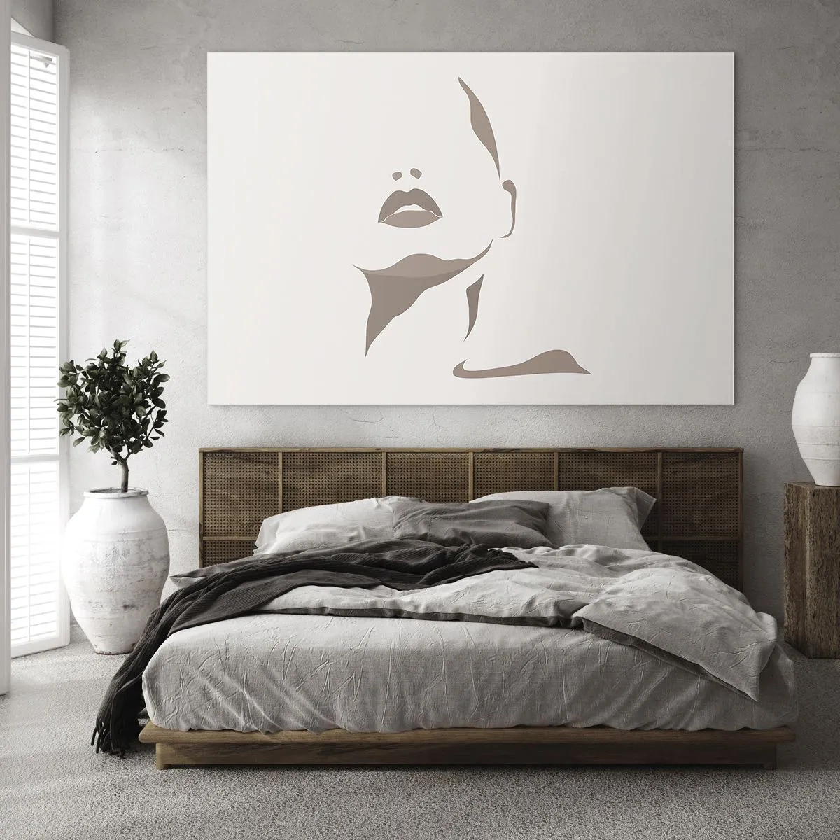 Tablou pe sticlă - Schița feței și gâtului unei femei într-un stil minimalist - 70x50cm - Creată din lumină și umbră - Decorațiune modernă pentru perete pentru living și dormitor ARTTOR
