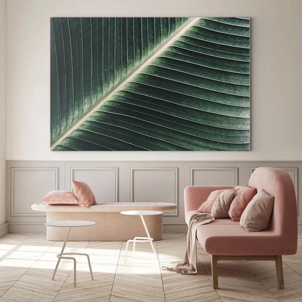 Tablou pe sticlă - Detaliu al unei frunze de bananier într-o nuanță intensă de verde - 70x50cm - Ritmul naturii - Decorațiune modernă pentru perete pentru living și dormitor ARTTOR