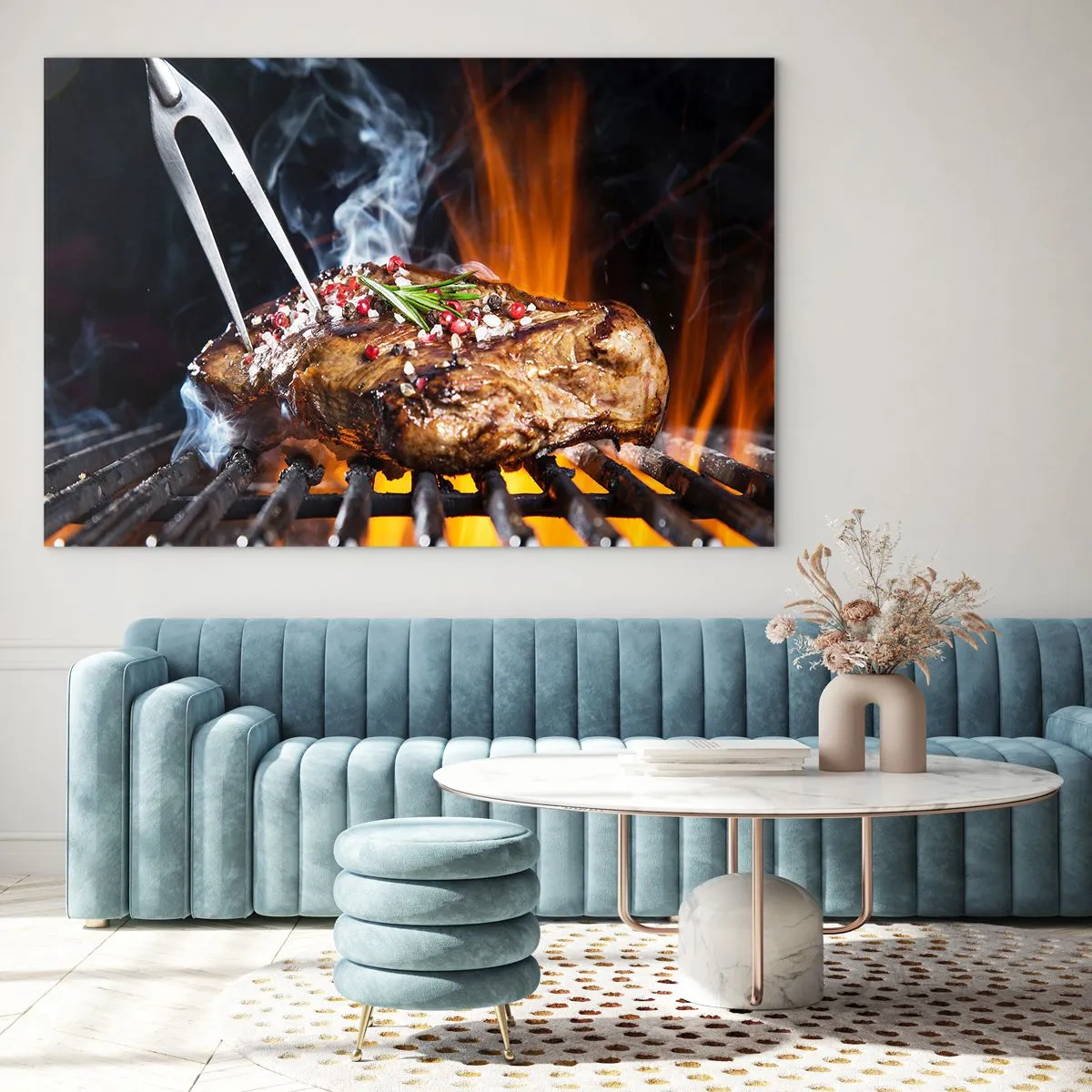 Tablou pe sticlă - Friptură la grătar cu condimente pe grătar - 70x50cm - Suculente și parfumate - Decorațiune modernă pentru perete pentru living și dormitor ARTTOR