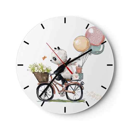 Ceas de perete - Ceas pe sticlă - Panda pe o bicicletă cu baloane și un coș plin cu flori - 30x30cm - O zi fericită - Decorațiune modernă pentru perete pentru living, bucătărie și dormitor ARTTOR