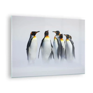 Tablou pe sticlă - Un grup de pinguini într-un peisaj de iarnă - 70x50cm - Întâlnire în rochie de seară - Decorațiune modernă pentru perete pentru living și dormitor ARTTOR