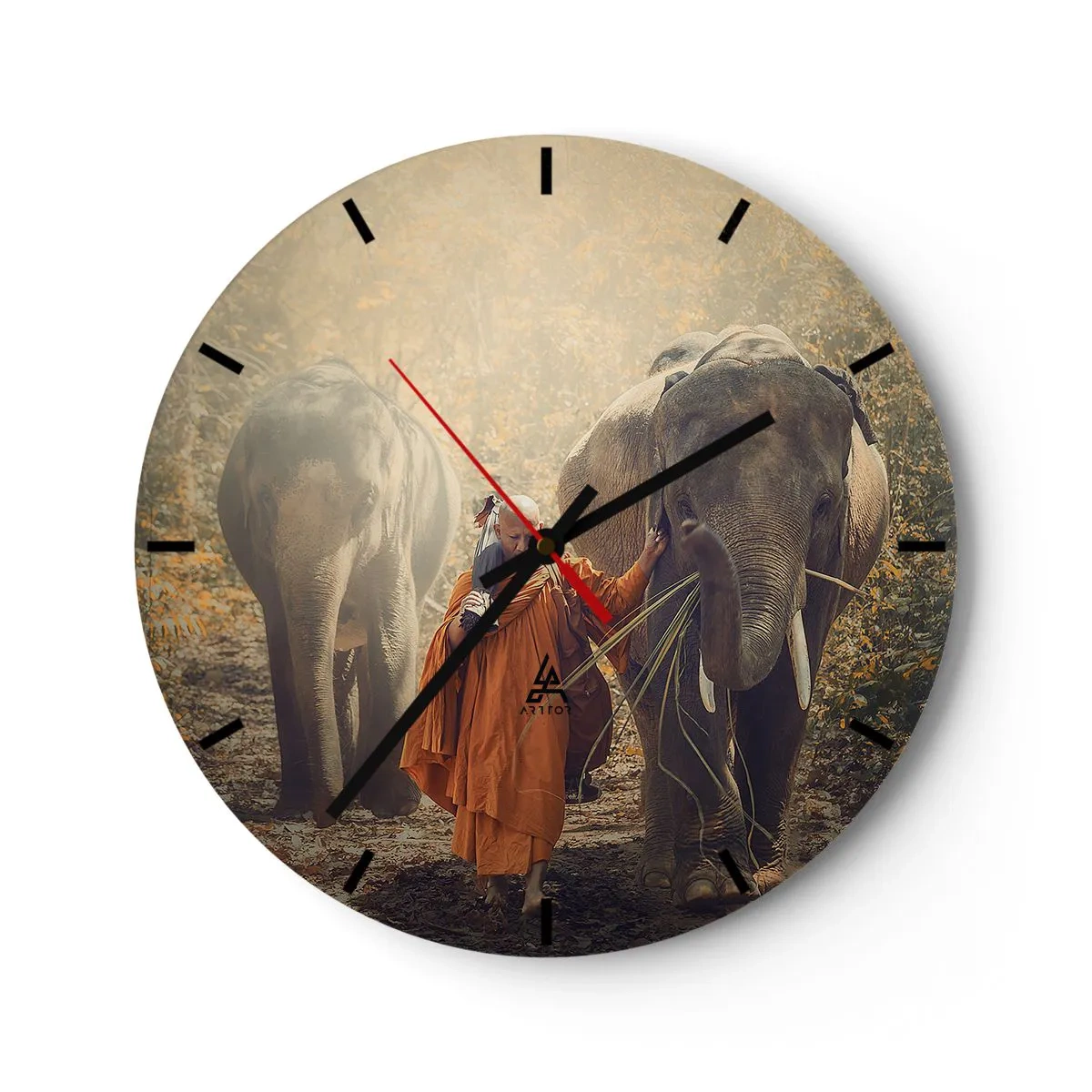 Ceas de perete - Ceas pe sticlă - Un călugăr cu doi elefanți într-o pădure de toamnă - 30x30cm - Înțelegere deplină - Decorațiune modernă pentru perete pentru living, bucătărie și dormitor ARTTOR