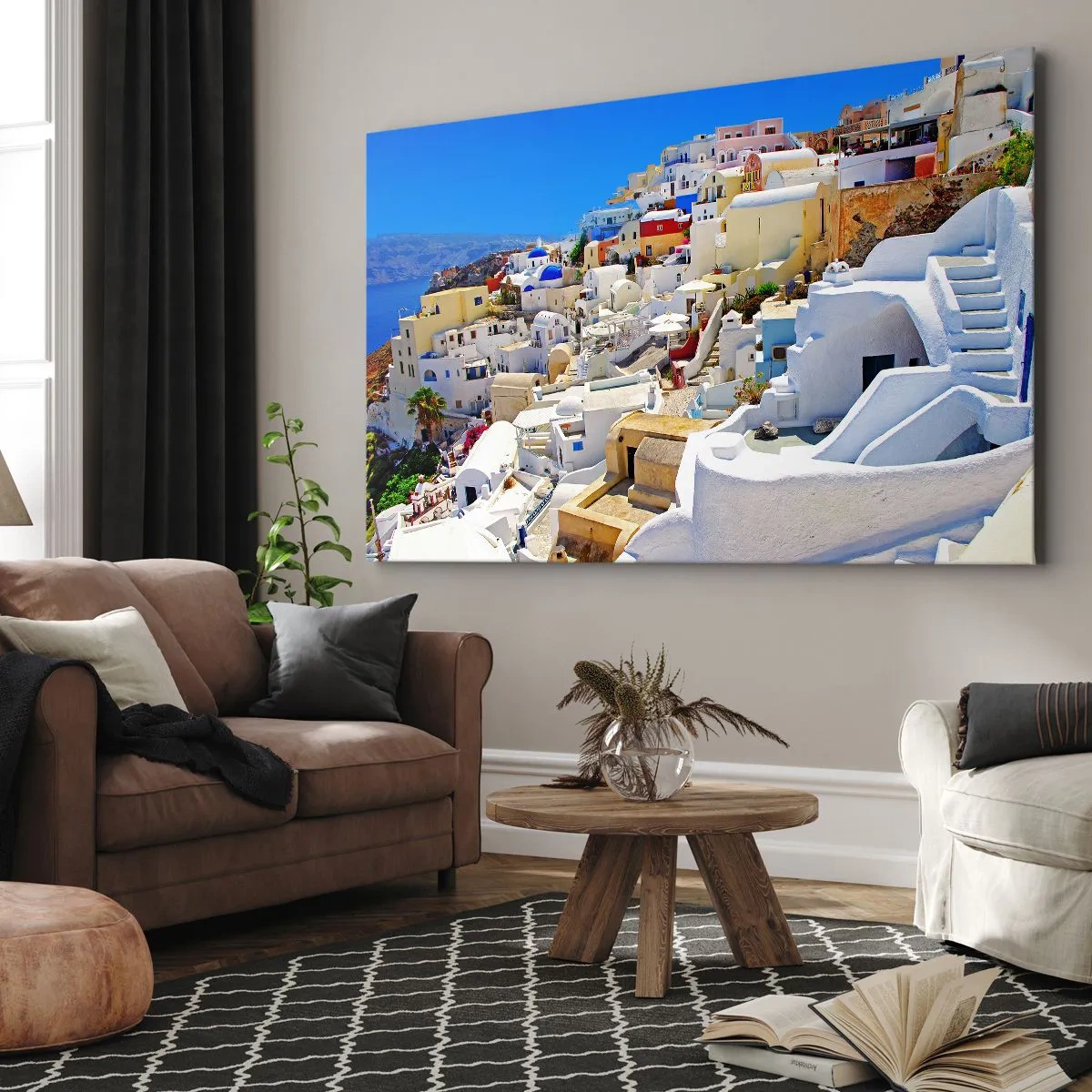 Tablou pe pânză Canvas - Panoramă a orașului Santorini cu case albe și cer albastru - 70x50cm - Visând la o vară grecească - Decorațiune modernă pentru perete pentru living și dormitor ARTTOR