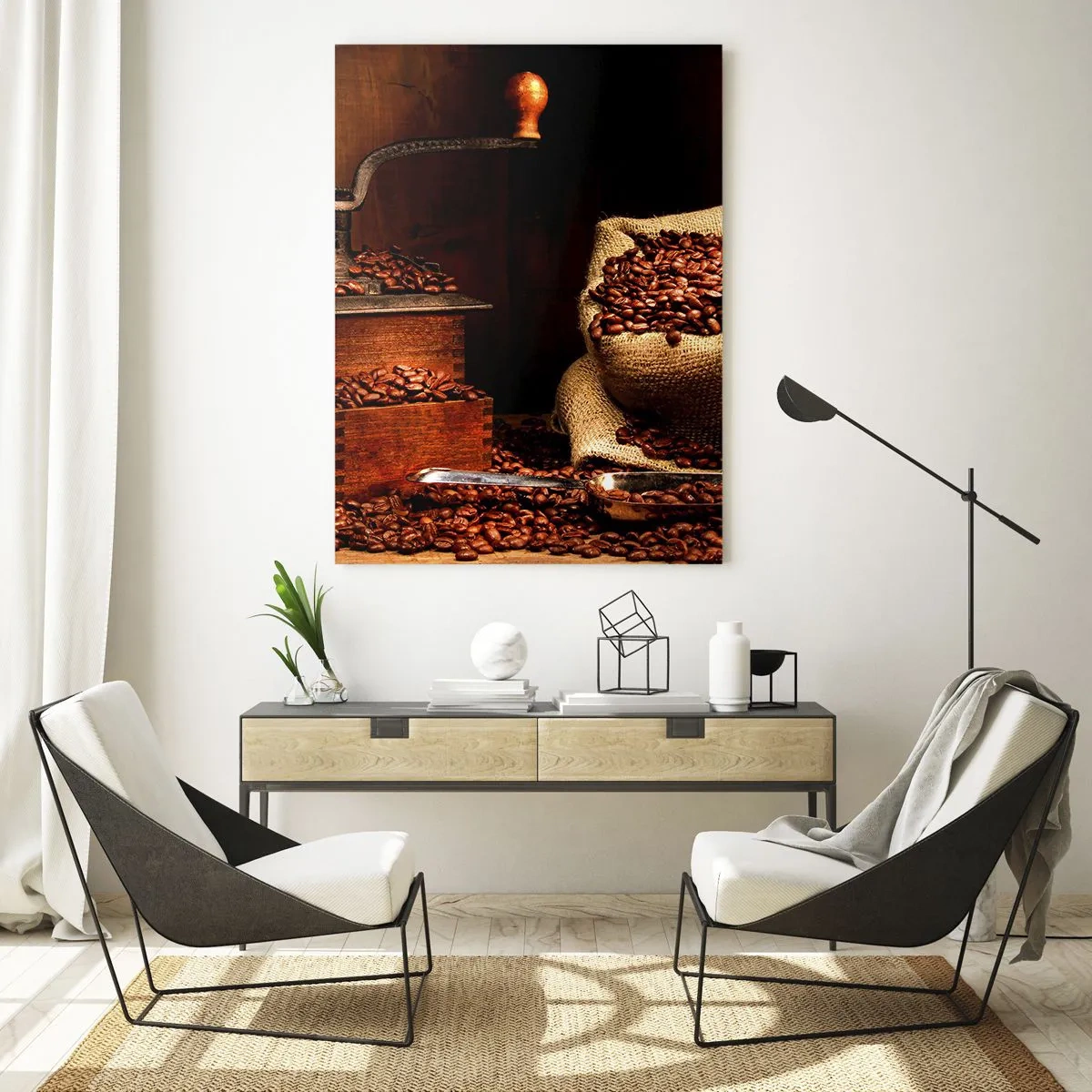 Tablou pe sticlă - Natură moartă cu boabe de cafea și măcinător - 50x70 cm