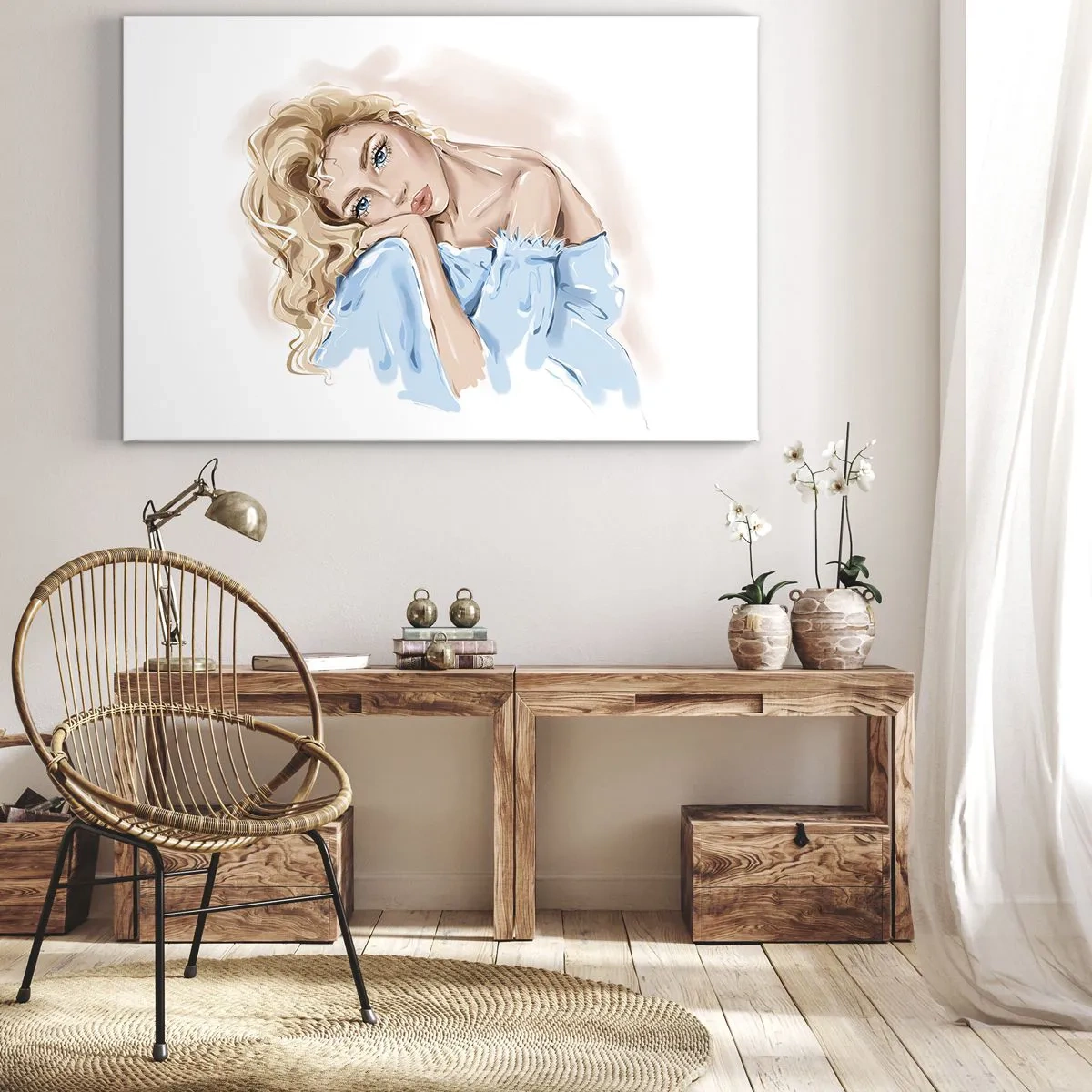 Tablou pe pânză Canvas - Portretul unei femei într-o rochie albastră cu părul blond - 70x50cm - Scufundată în vis albastru - Decorațiune modernă pentru perete pentru living și dormitor ARTTOR