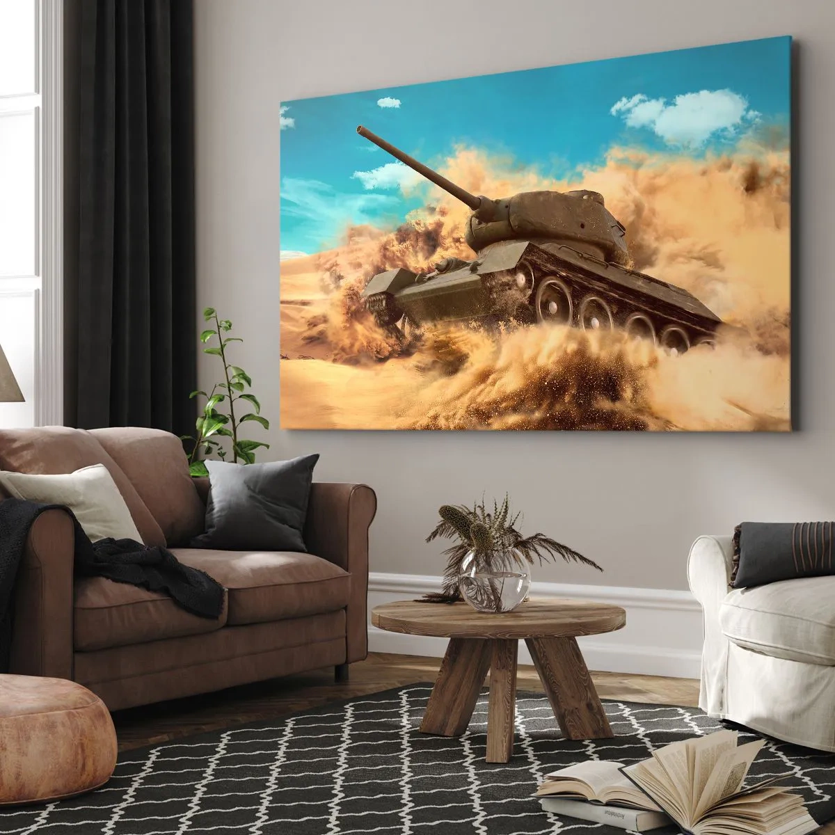 Tablou pe pânză Canvas - Un tanc în acțiune în deșert, înconjurat de praf de nisip. - 70x50cm - De neînvins - Decorațiune modernă pentru perete pentru living și dormitor ARTTOR