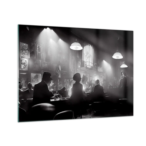 Tablou pe sticlă - Scenă de jazz alb-negru în interiorul unui club - 70x50cm - În stil jazz - Decorațiune modernă pentru perete pentru living și dormitor ARTTOR