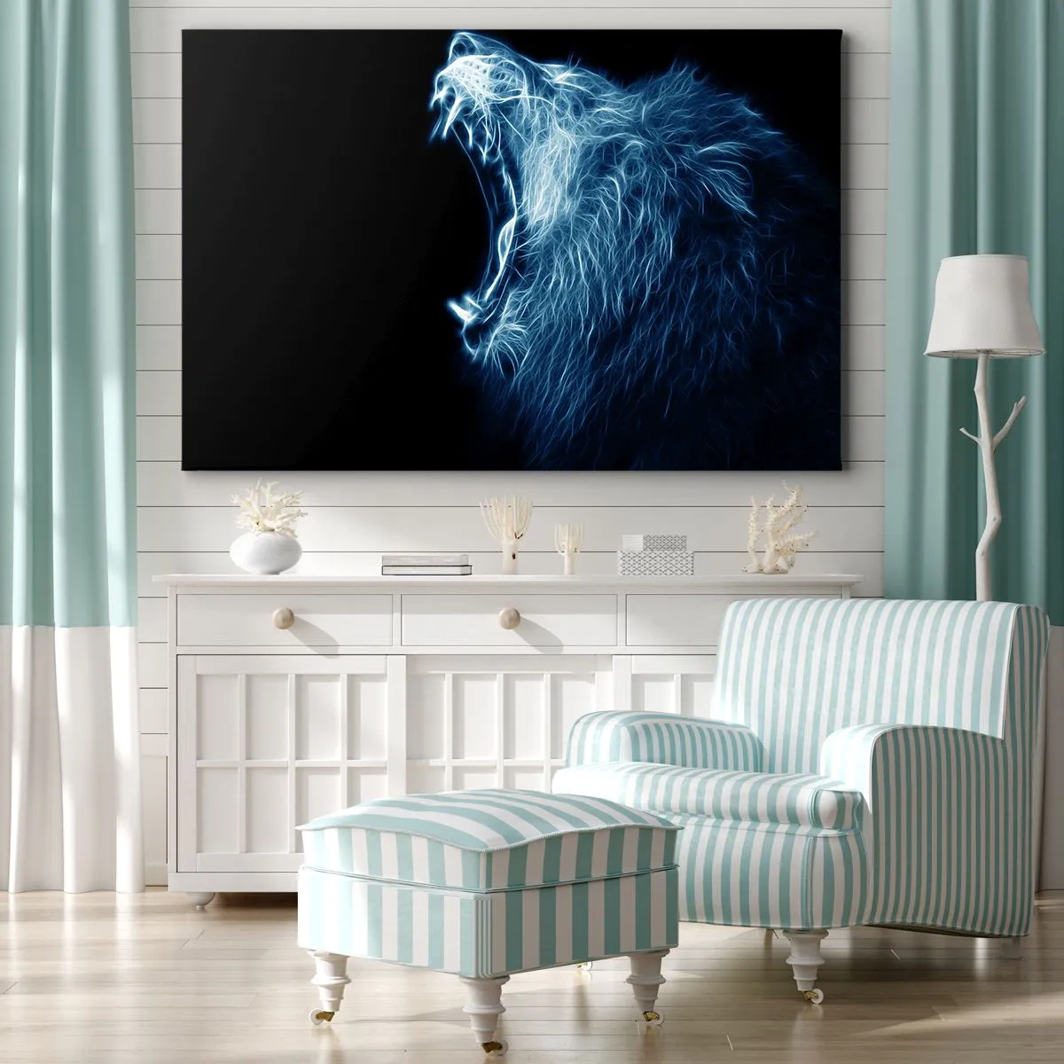 Tablou pe pânză Canvas - O față izbitoare de leu în stil neon - 70x50cm - Mânia înflăcărată a regelui - Decorațiune modernă pentru perete pentru living și dormitor ARTTOR
