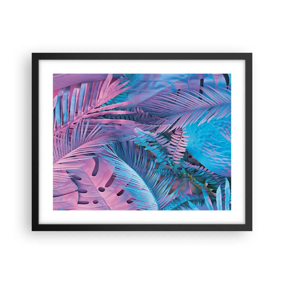 Poster în ramă neagră - Palmieri în alb și albastru - 50x40 cm