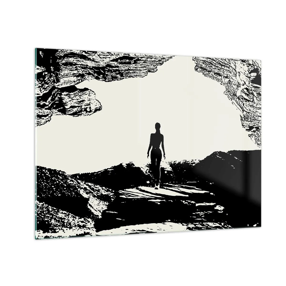 Tablou pe sticlă - Silueta unei femei care iese dintr-o peșteră în grafică alb-negru - 70x50cm - O nouă înfățișare - Decorațiune modernă pentru perete pentru living și dormitor ARTTOR