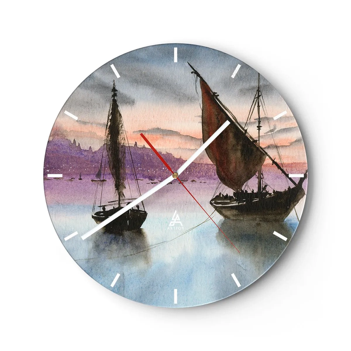 Ceas de perete - Ceas pe sticlă - Nave cu pânze pe apă la apus - 30x30cm - O seară în port - Decorațiune modernă pentru perete pentru living, bucătărie și dormitor ARTTOR