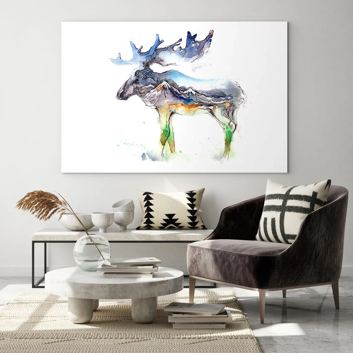 Tablou pe sticlă - Pictură în acuarelă a unui elan cu motiv de siluetă montană - 70x50cm - Eroul poveștii de iarnă - Decorațiune modernă pentru perete pentru living și dormitor ARTTOR