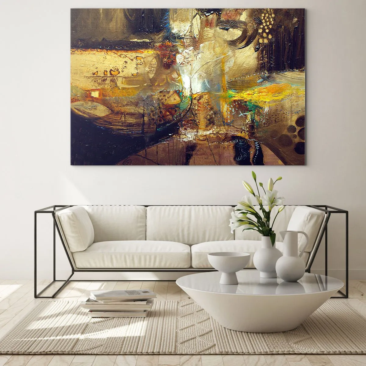 Tablou pe sticlă - Compoziție abstractă în nuanțe de auriu și maro - 70x50cm - Rece, călduț, fierbinte - Decorațiune modernă pentru perete pentru living și dormitor ARTTOR