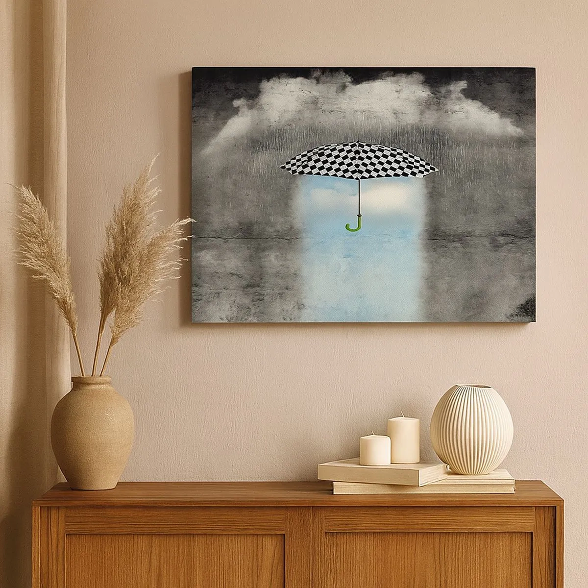 Tablou pe pânză Canvas - O umbrelă în carouri peste un peisaj ploios - 70x50cm - Și totuși este posibil - Decorațiune modernă pentru perete pentru living și dormitor ARTTOR