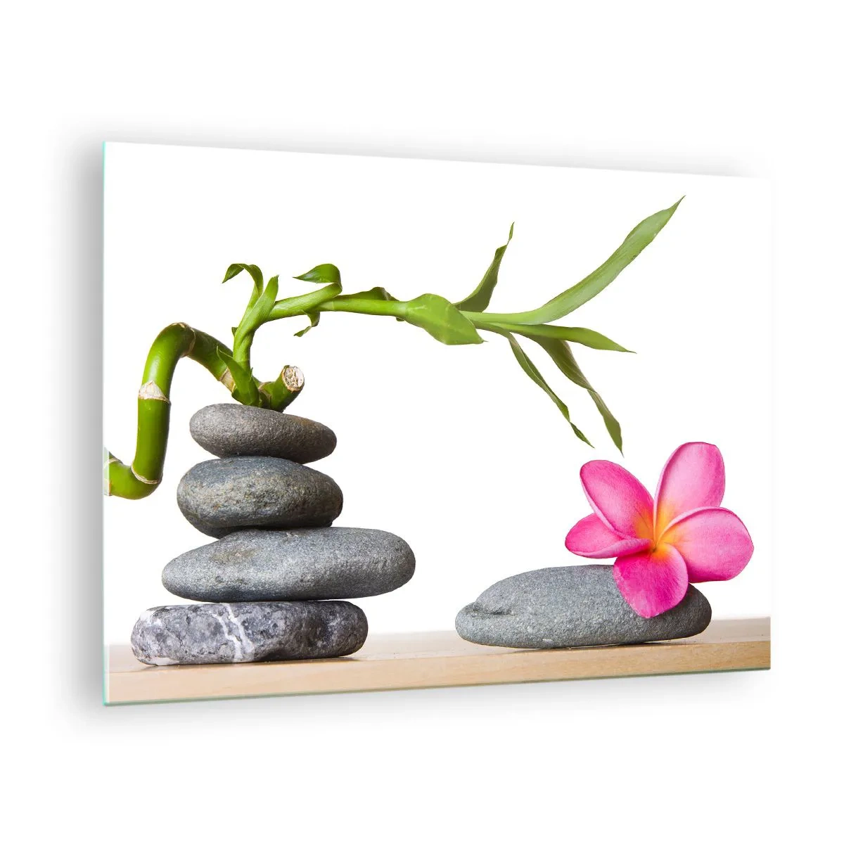 Tablou pe sticlă - Bambus, floare roz și pietre pe fundal alb - 70x50cm - Culorile vieții și ale existenței - Decorațiune modernă pentru perete pentru living și dormitor ARTTOR