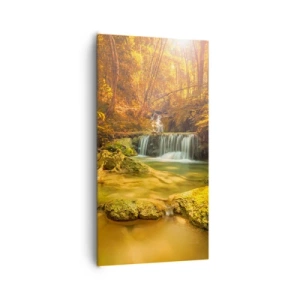 Tablou pe pânză - Cascadă de pădure în aur - 65x120 cm