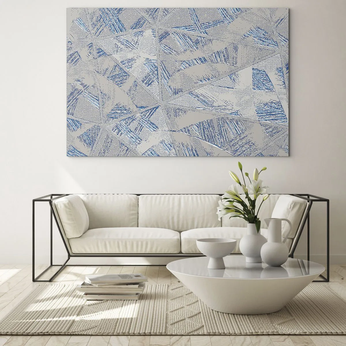 Tablou pe sticlă - Modele geometrice în nuanțe de gri și albastru - 70x50cm - Într-un labirint de gri-albastru - Decorațiune modernă pentru perete pentru living și dormitor ARTTOR