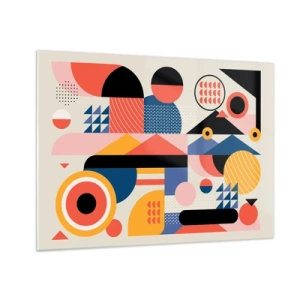 Tablou pe sticlă - Abstracție geometrică colorată cu cercuri și triunghiuri - 70x50cm - Compoziție: joacă-te - Decorațiune modernă pentru perete pentru living și dormitor ARTTOR