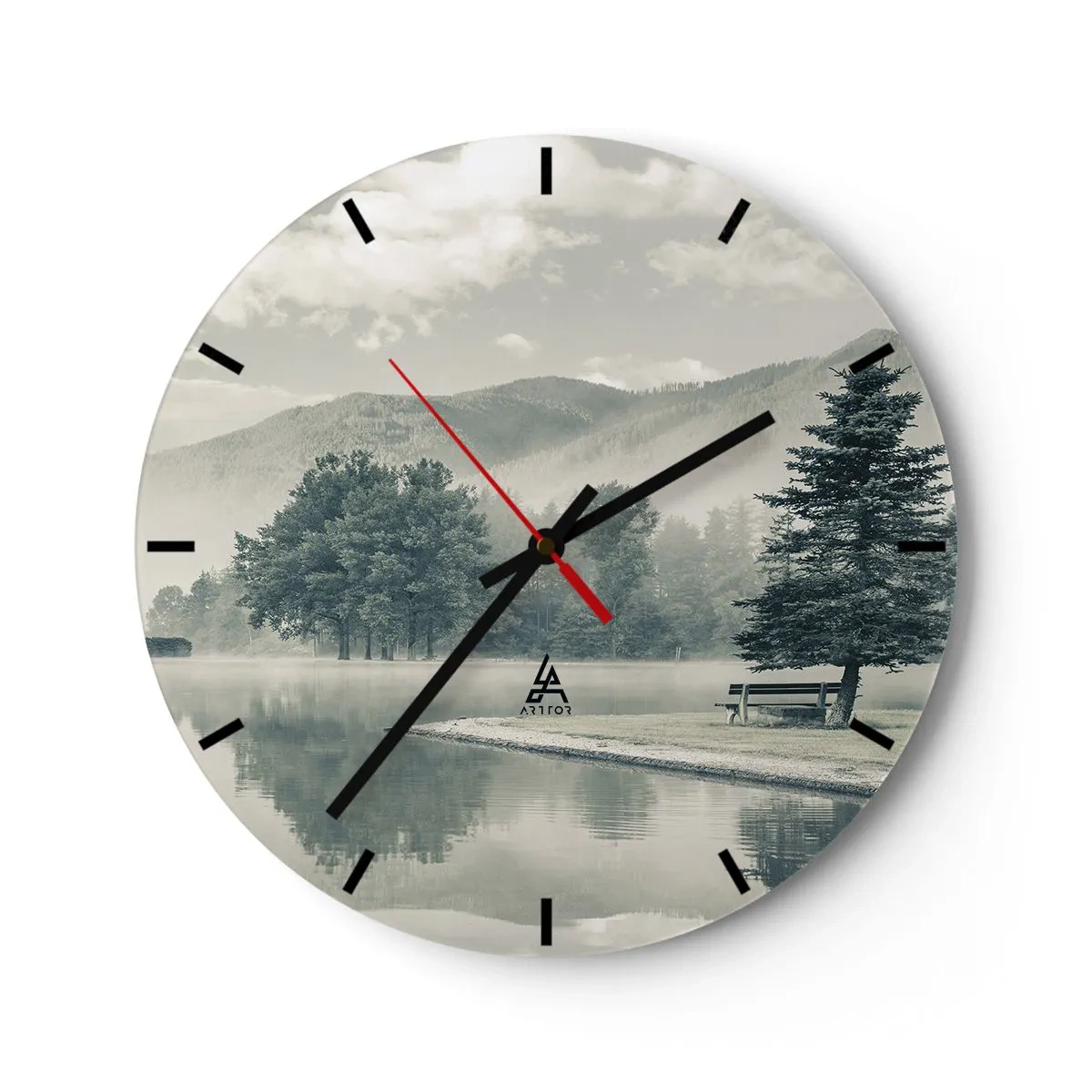 Ceas de perete - Ceas pe sticlă - Ceață de dimineață peste un lac liniștit printre munți - 30x30cm - Lacul încă doarme - Decorațiune modernă pentru perete pentru living, bucătărie și dormitor ARTTOR