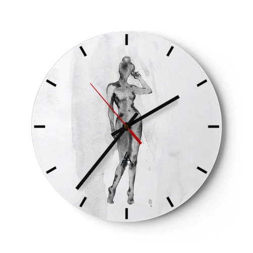 Ceas de perete - Ceas pe sticlă - Siluetă de femeie în stil acuarelă pe fundal alb - 30x30cm - Un studiu al idealului de feminitate - Decorațiune modernă pentru perete pentru living, bucătărie și dormitor ARTTOR