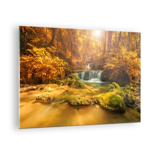 Tablou pe sticlă - Cascadă de pădure aurie - 70x50cm - Cascadă de pădure în aur - Decorațiune modernă pentru perete pentru living și dormitor ARTTOR