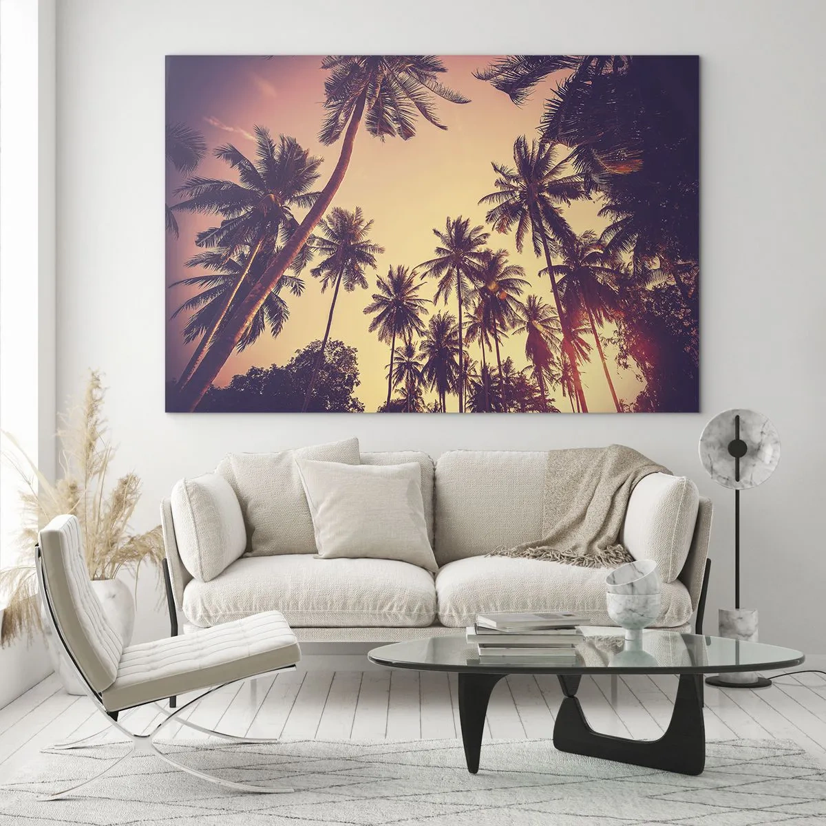 Tablou pe sticlă - Palmieri în razele soarelui care apune - 70x50cm - Variație tropicală - Decorațiune modernă pentru perete pentru living și dormitor ARTTOR