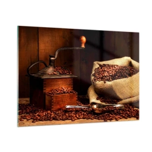 Tablou pe sticlă - Natură moartă cu boabe de cafea și măcinător - 100x70 cm