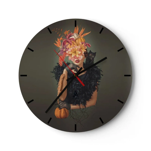 Ceas de perete - Ceas pe sticlă - O femeie cu un aranjament floral și un dovleac pe un fundal întunecat - 30x30cm - Magia vrăjitoarei - Decorațiune modernă pentru perete pentru living, bucătărie și dormitor ARTTOR